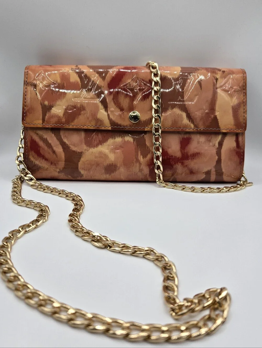 Louis Vuitton Orange Tan Patent Leather Floral Monogram Chain Clutch
